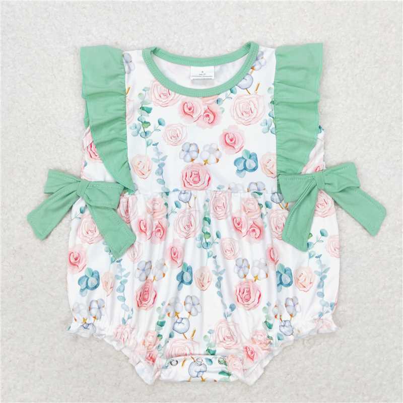 SR1421  Baby Infant Girls Pink Flowers Ruffle Bows Rompers