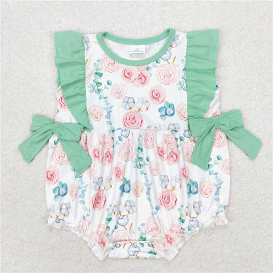 SR1421  Baby Infant Girls Pink Flowers Ruffle Bows Rompers