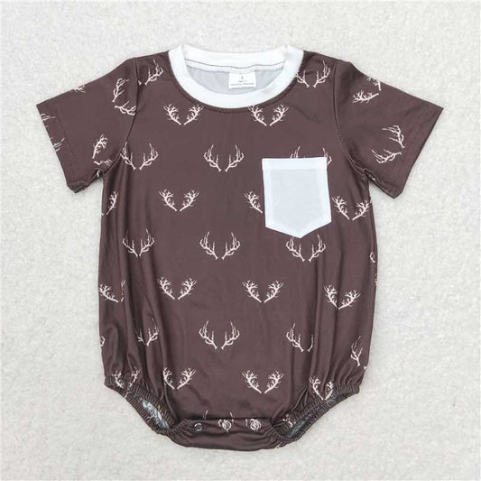 SR1614 RTS NO MOQ Baby Boys Summer Rompers Baby Boys Deer Short Sleeve Pocket Rompers