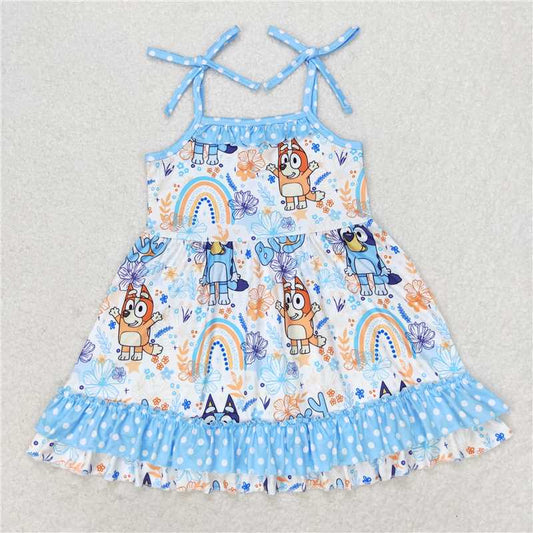 GSD1284 RTS NO MOQ Baby Girls Summer Dress  Baby Girls Straps Dogs Ruffle Knee Length Dresses