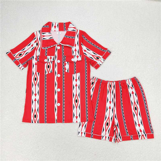 GSSO1283  Adult Women Adult Red Aztec Short Sleeve Buttons Tee Shorts Pajamas Sets