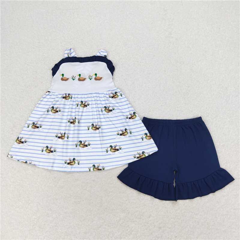 GSSO1189RTS NO MOQ Baby Girls Summer Outfits Duck stripe tunic navy shorts girls summer outfits