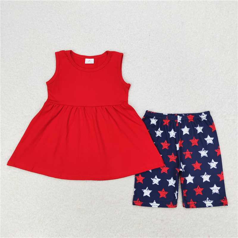 GSSO1302 Solid red sleeveless star navy blue shorts suit