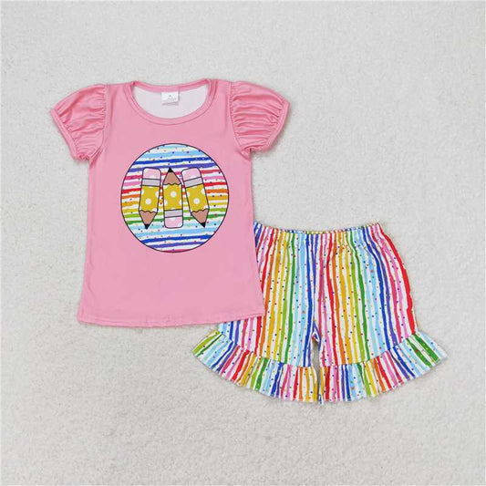 12.29 RTS NO MOQ （In stock）GSSO1366 Baby Girls Pink Pencils Back To School Tops Ruffle Shorts Clothes Sets