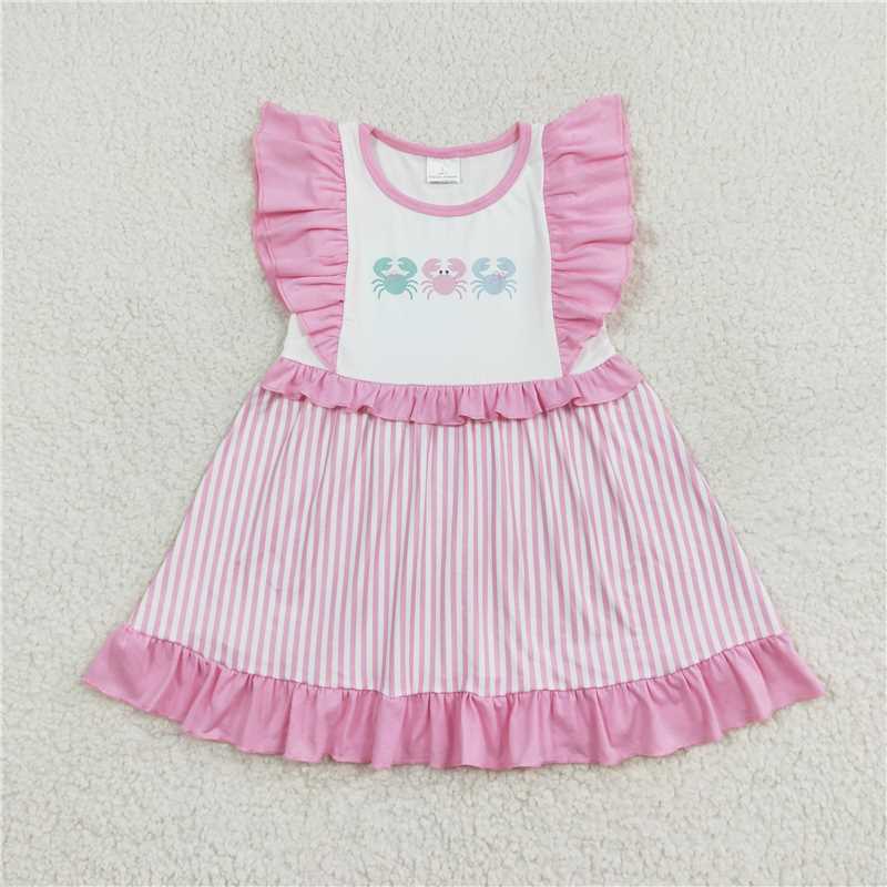 GSD1241   Baby Girls Crabs Pink Stripes Knee Length Dresses