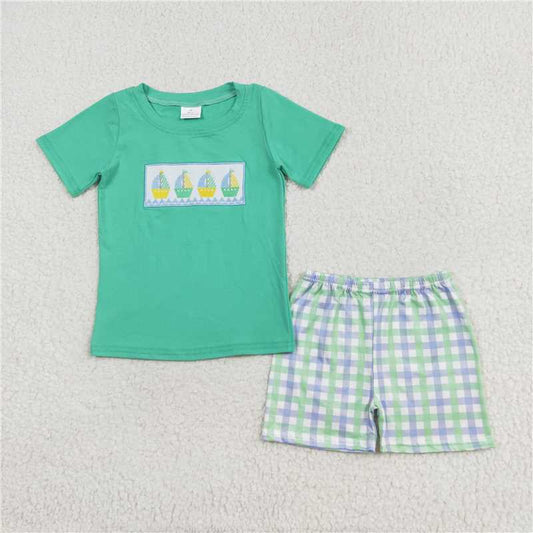 BSSO0887 Baby Boys Boats Short Sleeve Tee Shirts Tops Checkered Shorts Clothes Sets