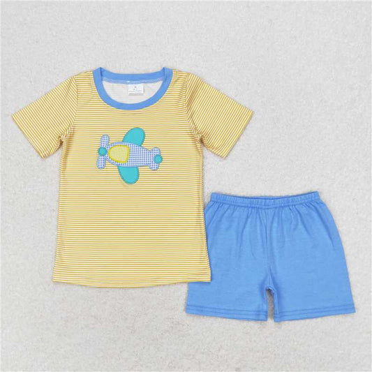 BSSO0724 Baby Boys Mustard Stripes Plane Shirts Shorts Clothes Sets