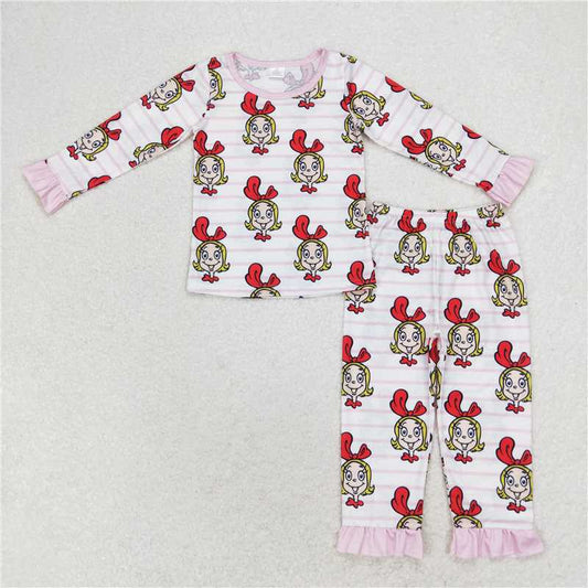 GLP1193 grinch modal girls pink striped lace long-sleeved trousers pajama set