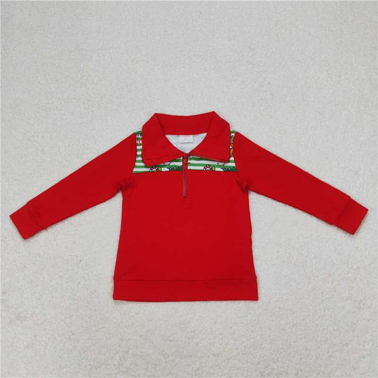12.12 RTS NO MOQ （In stock）BT0726 Baby Boys Christmas Green Face Zip Pullovers Tops