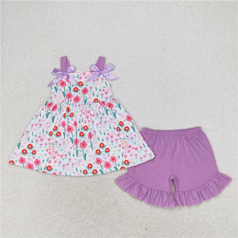 GSSO0992 RTS NO MOQ Baby Girls Summer Outfits Flower purple lace bow sleeveless shorts set