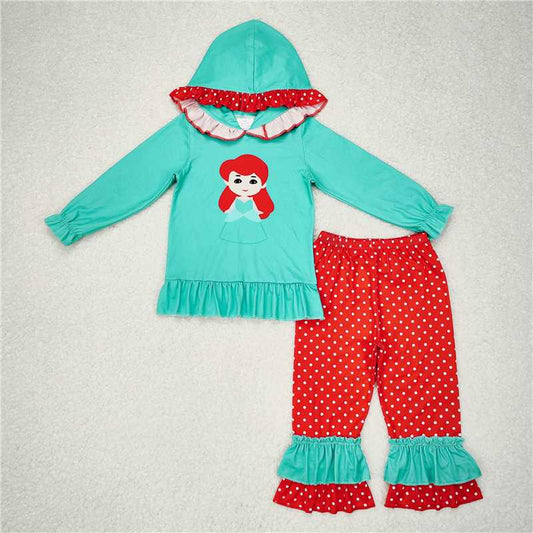 GLP1292  Baby Girls Princess Green Hooded Top Ruffles Pants Clothes Sets