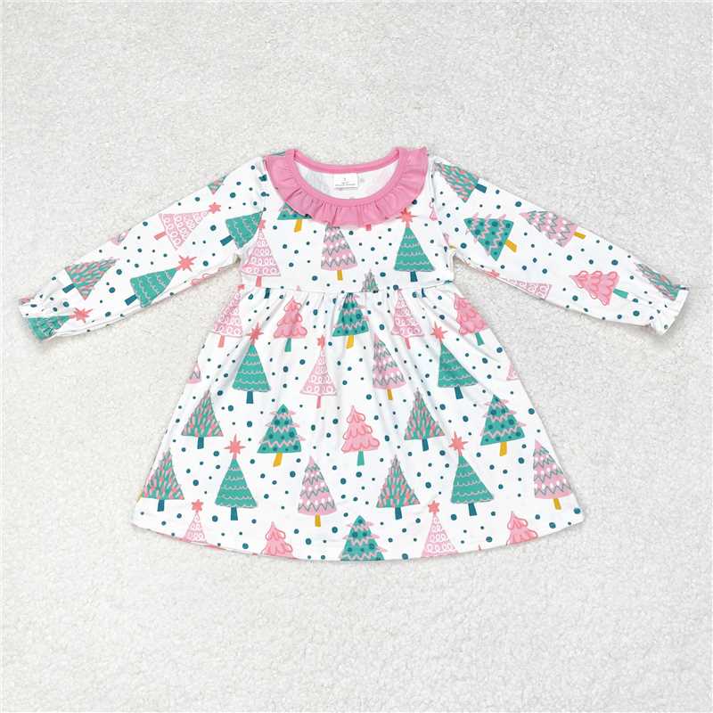 11.22 RTS NO MOQ （In stock）GLD0540 Baby Girls Pink Christmas Colorful Trees Knee Length Dresses