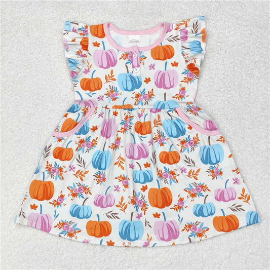 GSD1332  Baby Girls Flutter Sleeve Colorful Pumpkins Knee Length Dresses