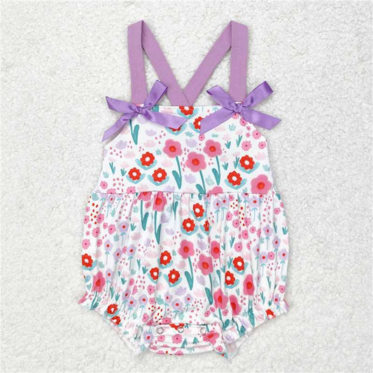 SR1417  Baby Infant Girls Tulips Flowers Purple Bows Rompers