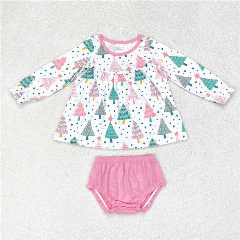 GBO0400 Baby Girls Christmas Colorful Trees Sibling Bummie Sets Dresses