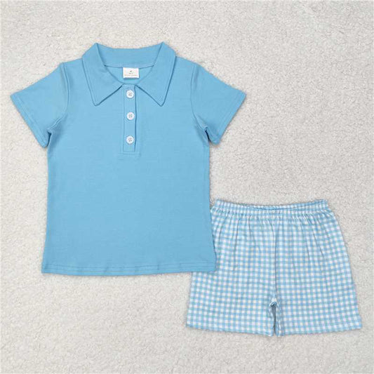 BSSO0954  Baby Boys Blue Short Sleeve Tee Shirts Checkered Shorts Clothes Sets