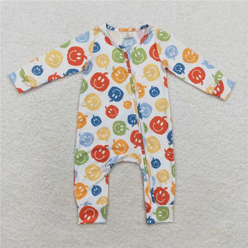 RTS LR1094 Modal Smiley Pumpkin White Zipper Long Sleeve Bodysuit
