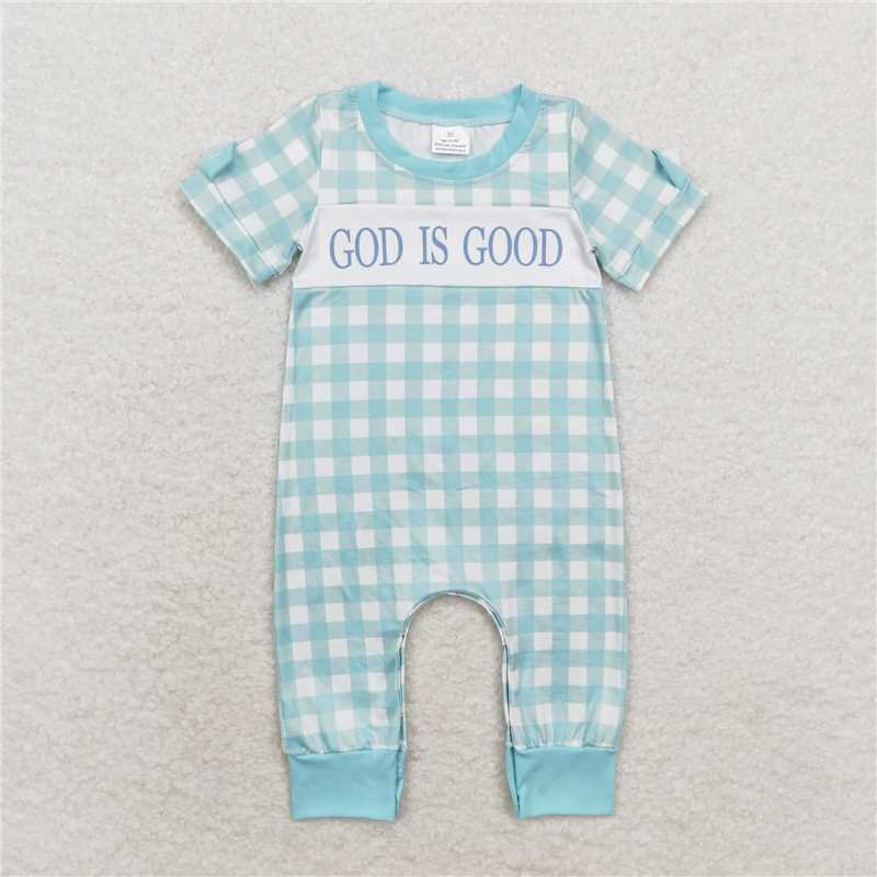 SR1939 Baby Infant Toddler Boys God Is Good Checkered Rompers