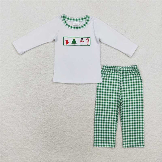 11.7 RTS NO MOQ （In stock）Matching Christmas BLP0603 Baby Boys Christmas Snowman Top Checkered Pants Clothes Sets