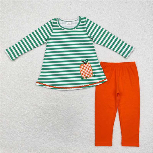 GLP1171Green stripe pumpkin tunic leggings girls fall clothing