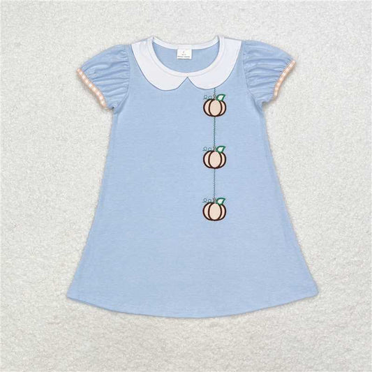 GSD1257  Baby Girls Blue Short Sleeve Pumpkins Knee Length Dresses