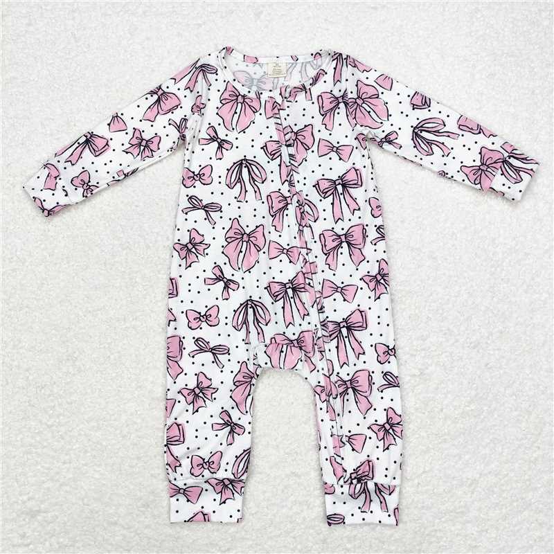LR1512Long sleeves pink bow baby girls zipper romper