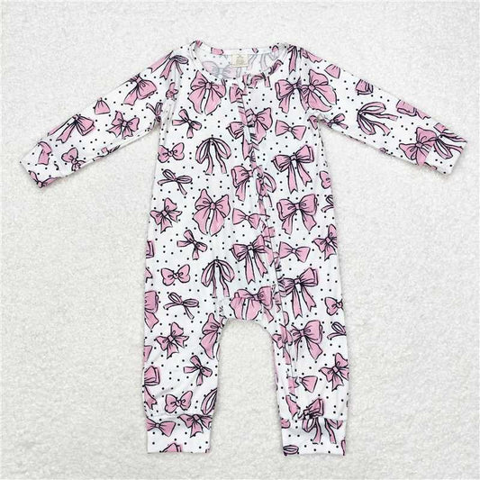 LR1512Long sleeves pink bow baby girls zipper romper