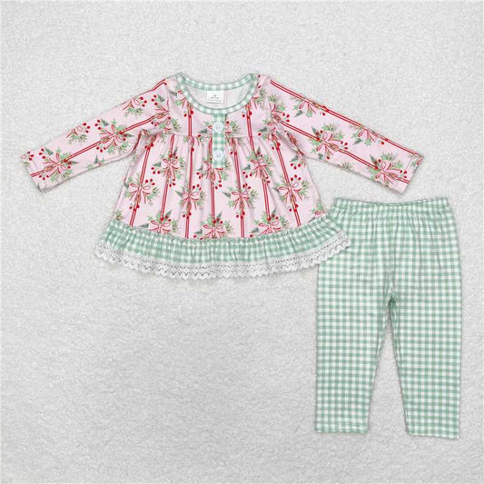 GLP1663 Christmas bow pattern green plaid lace long-sleeved trousers suit