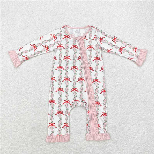 LR1517Pink bow floral ruffle baby girls bamboo zipper romper