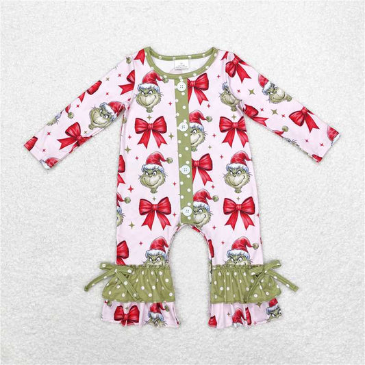 LR1557Red bow green face ruffle baby girls Christmas romper