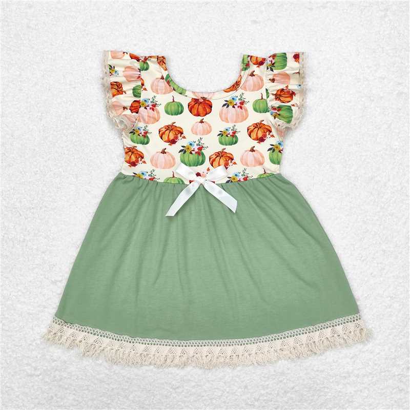 GSD1326  Baby Girls Pumpkins Flowers Lace Ruffle Knee Length Dresses