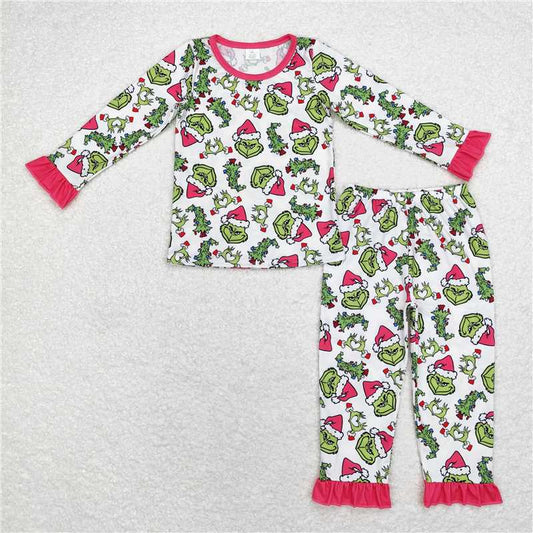 12.9 RTS NO MOQ （In stock）GLP1478 Baby Girls Christmas Green Face Hearts Bamboo Pajamas Clothes Sets