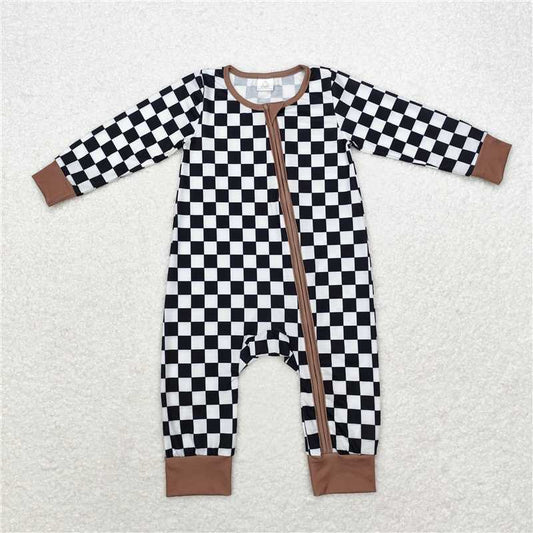 RTS LR1436 Modal black and white plaid brown edge zipper long sleeve jumpsuit