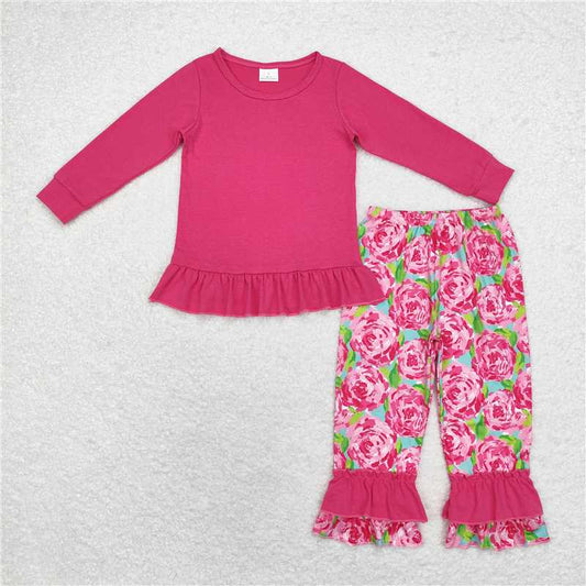 GLP1462Hot pink cotton top watercolor floral ruffle pants girls clothes