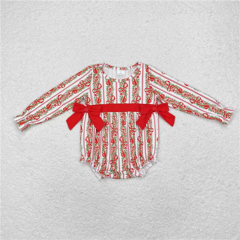 12.1 RTS NO MOQ （In stock）LR1303 Baby Infant Girls Christmas Bows Long Sleeve Rompers