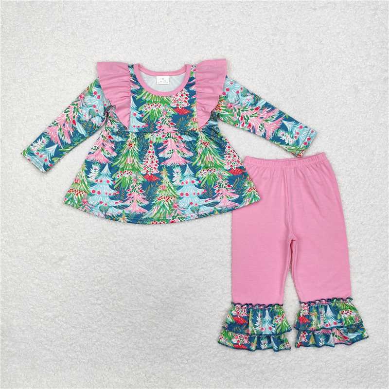 12.9 RTS NO MOQ （In stock）GLP1474 Baby Girls Colorful Christmas Tree Tunic Ruffle Pants Clothes Sets