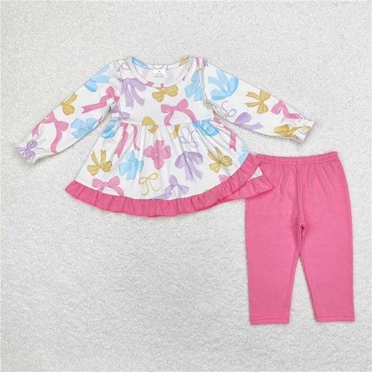 GLP1561Colorful bow ruffle tunic pink leggings girls clothing