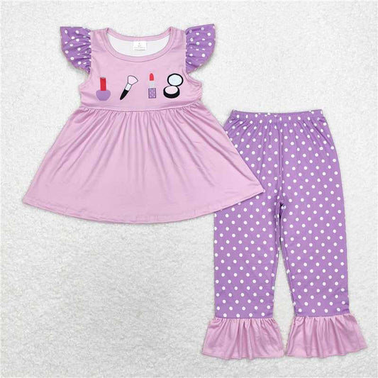 GSPO1682 Lipstick cosmetics polka dot purple lace flying sleeves trousers suit