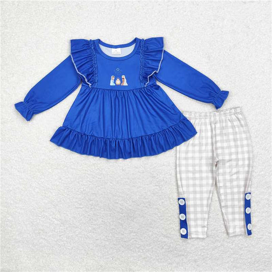 GLP1597Blue nativity tunic plaid leggings girls Christmas clothes