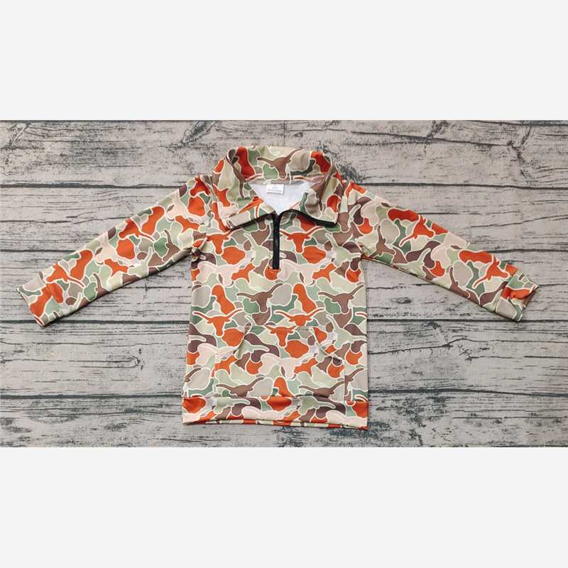 BT1069 	  Baby Boys Camo Longhorn Long Sleeve Zip Pullovers Tops Preorder
