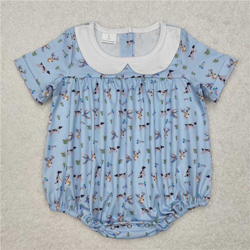 SR2275Short sleeves duck dog deer light blue baby boy romper