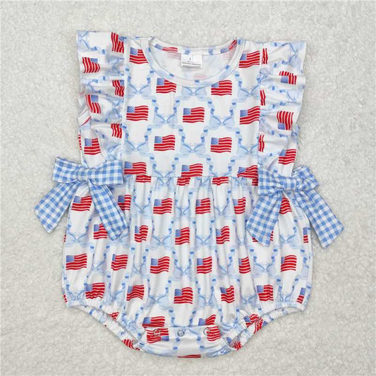 SR2353 RTS NO MOQ Baby Girls Summer Rompers girls plaid light blue bow flag 4th of july romper