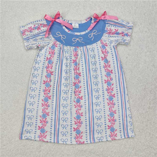 GSD1520Short sleeves stripe floral light blue bow baby girls dress