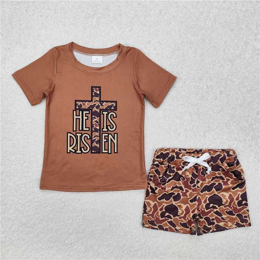 12.26 RTS NO MOQ （In stock）Matching BSSO1162 Baby Boys He Is Risen Cross Camo Shirt Shorts Clothes Sets