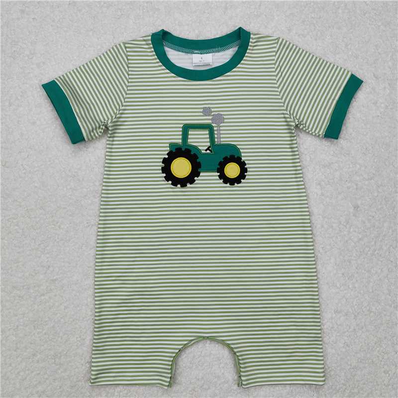 USA Warehouse (IN STOCK) SR2431 Short sleeves green stripe tractor baby boy romper