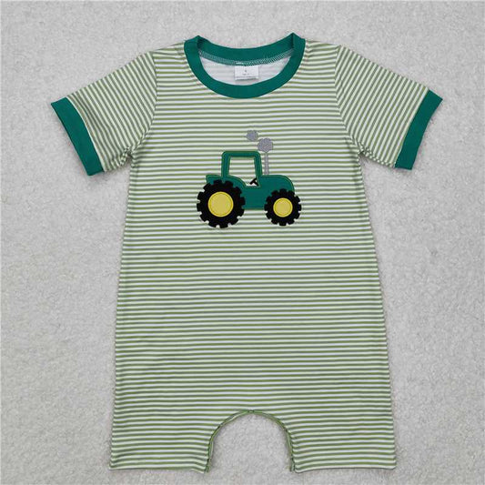 USA Warehouse (IN STOCK) SR2431 Short sleeves green stripe tractor baby boy romper