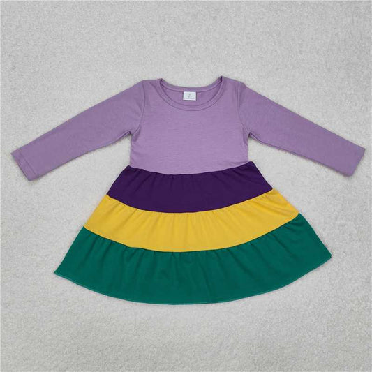 12.18 RTS NO MOQ （In stock）GLD0997 Baby Girls Mardi Gras Purple Long Sleeve Knee Length Dresses