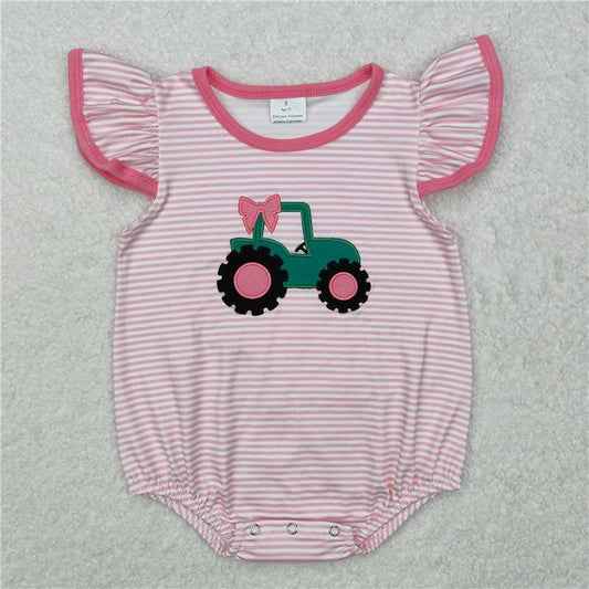 USA Warehouse (IN STOCK) SR2432 Baby Girls Summer Pink Tractor Bow Rompers