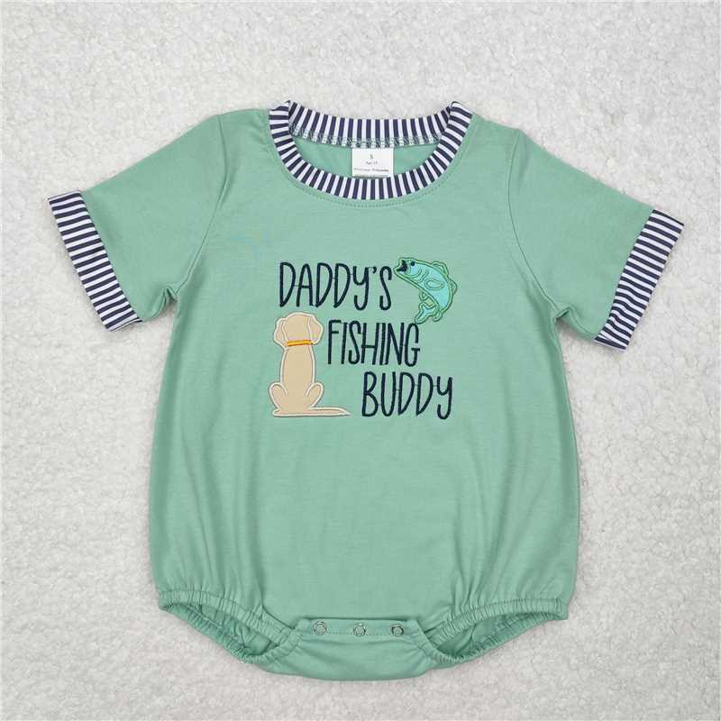 USA Warehouse (IN STOCK) SR2336 Green short sleeves daddy's fishing buddy baby boy romper