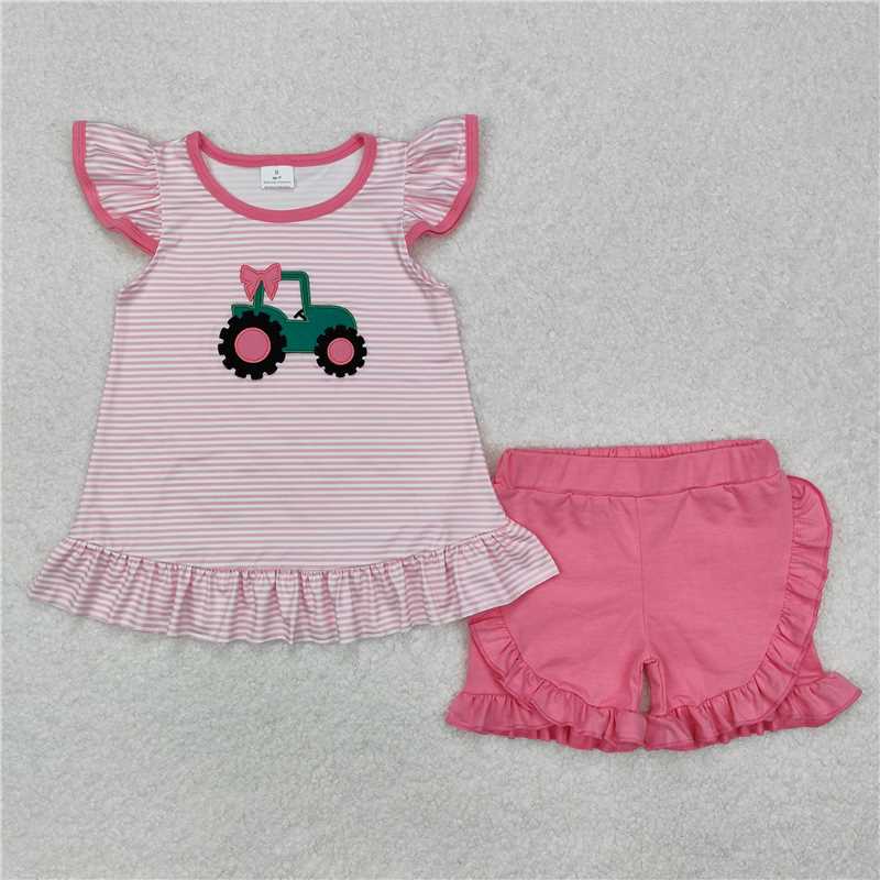 12.27 RTS NO MOQ （In stock）Matching GSSO1757 Baby Girls Pink Truck Bow Tunic Shorts Clothes Sets